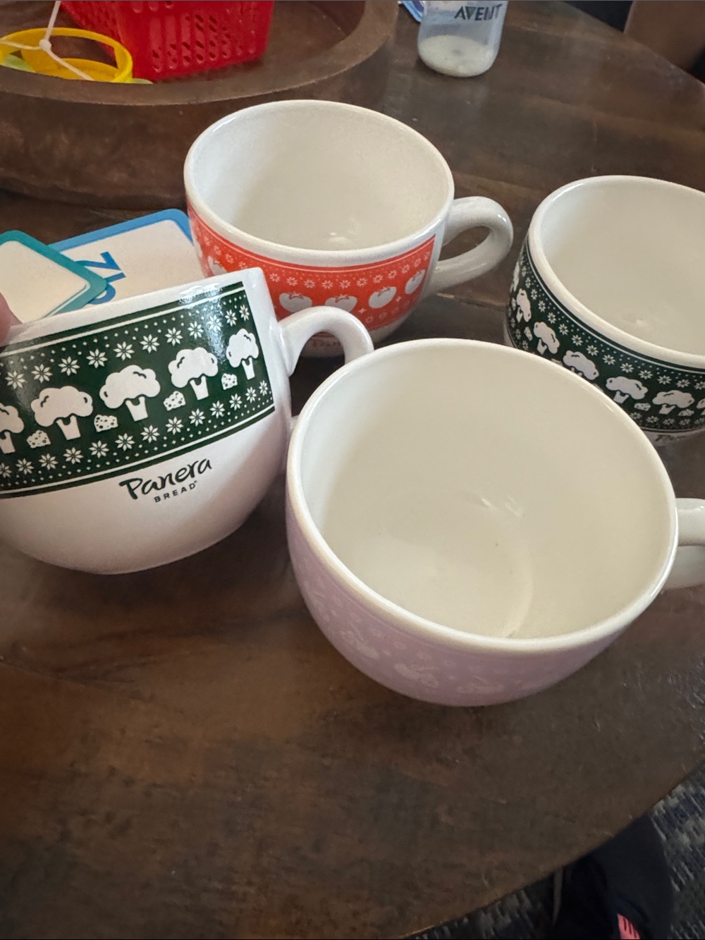 Panera Ceramic Mugs Set with Green, Purple, Orange soup bowls